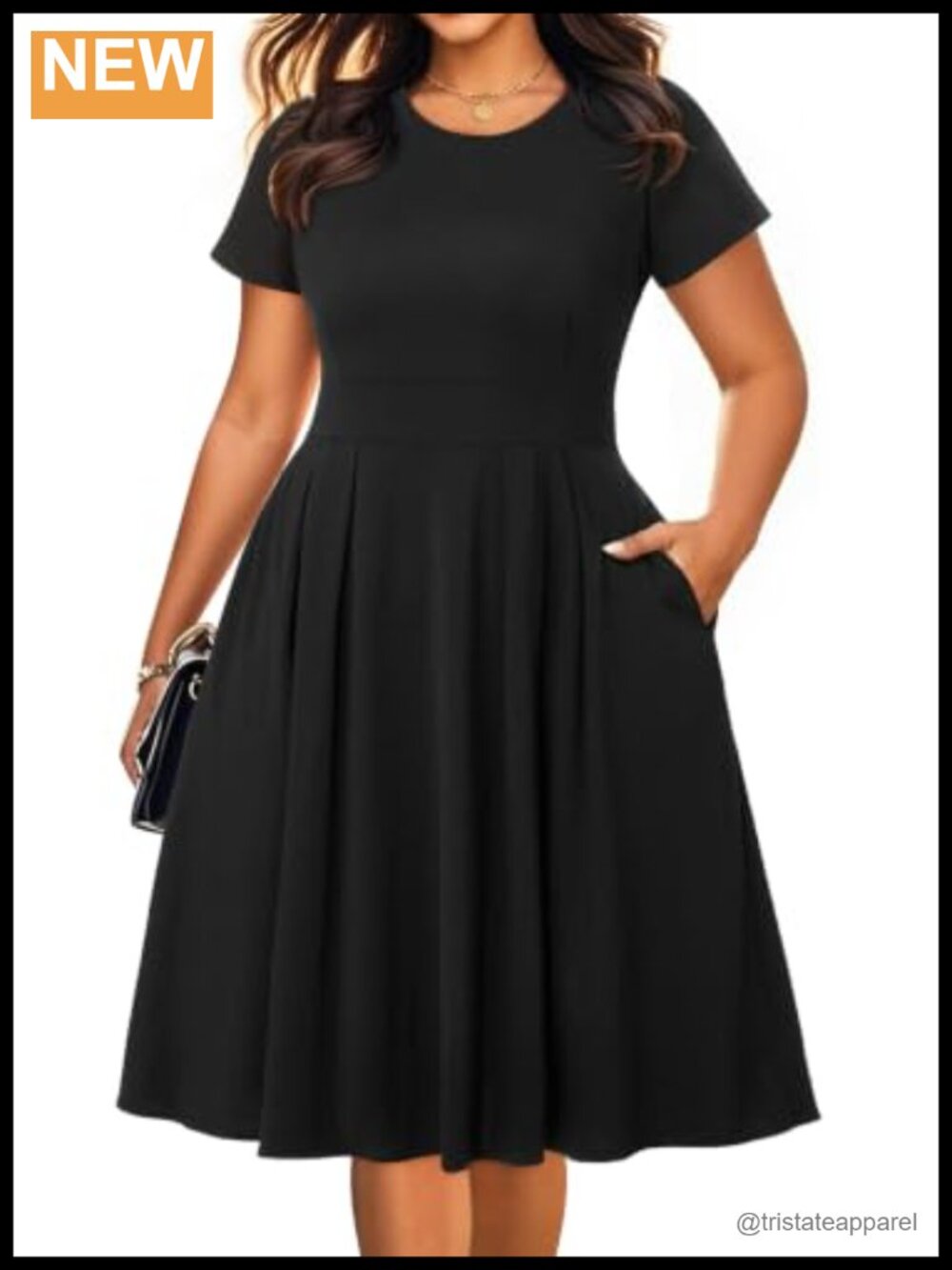 Plus Size Fit & Flare Midi Dress Short Sleeve Pockets Work Casual
